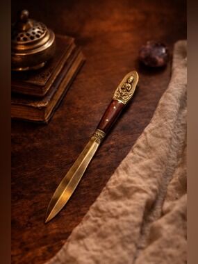 Vintage Thai Brass & Wood Letter Opener — Hand-Stamped Nickel Bronze • Buddhist